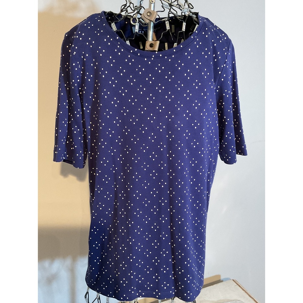 LL Bean Womens Navy Blue Polka Dot Short Sleeve Crewneck T-Shirt Size M Regular